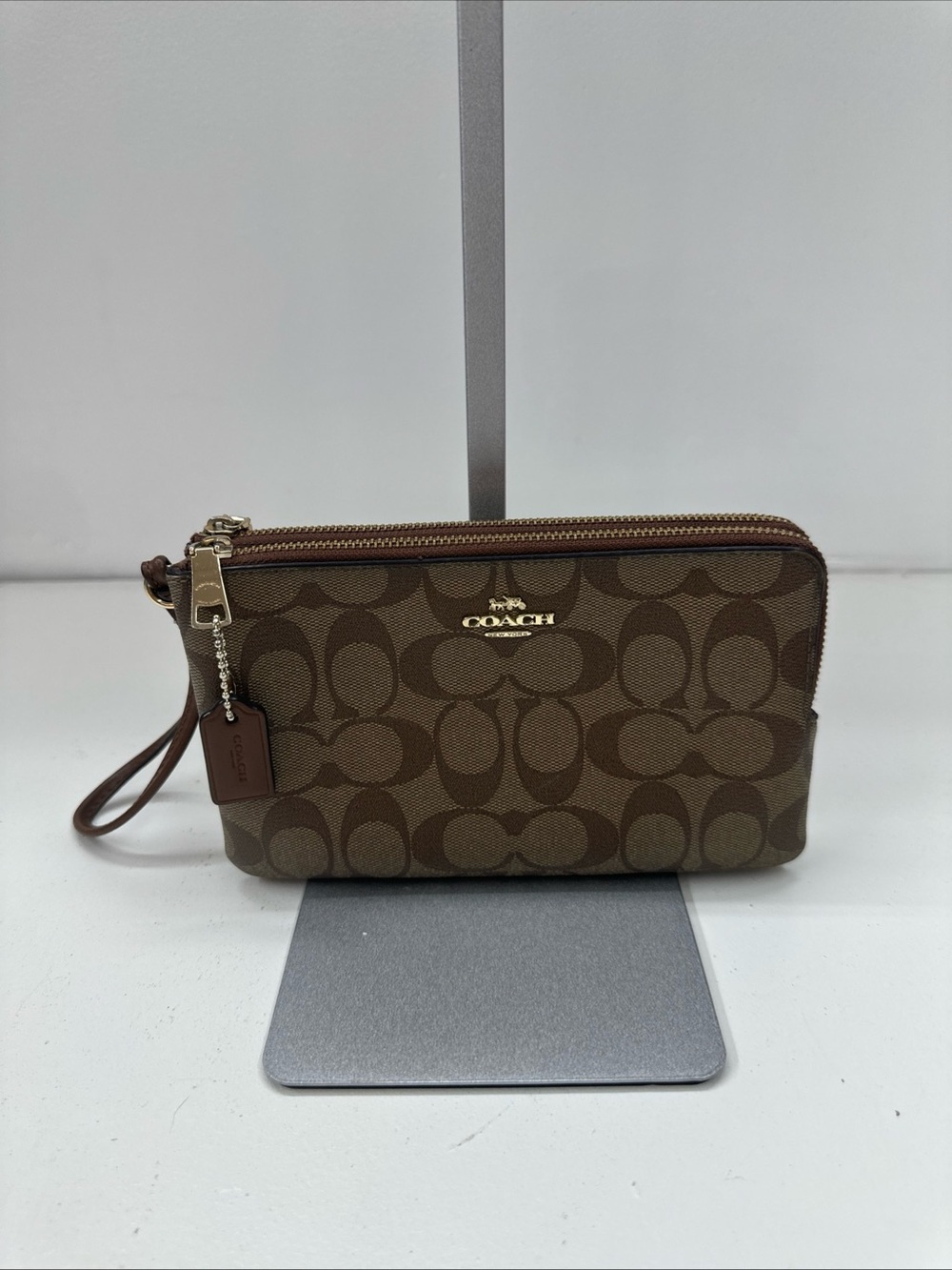 Coach Double Zip Wristlet Gold Tan Brown Signature Canvas Leather Bag